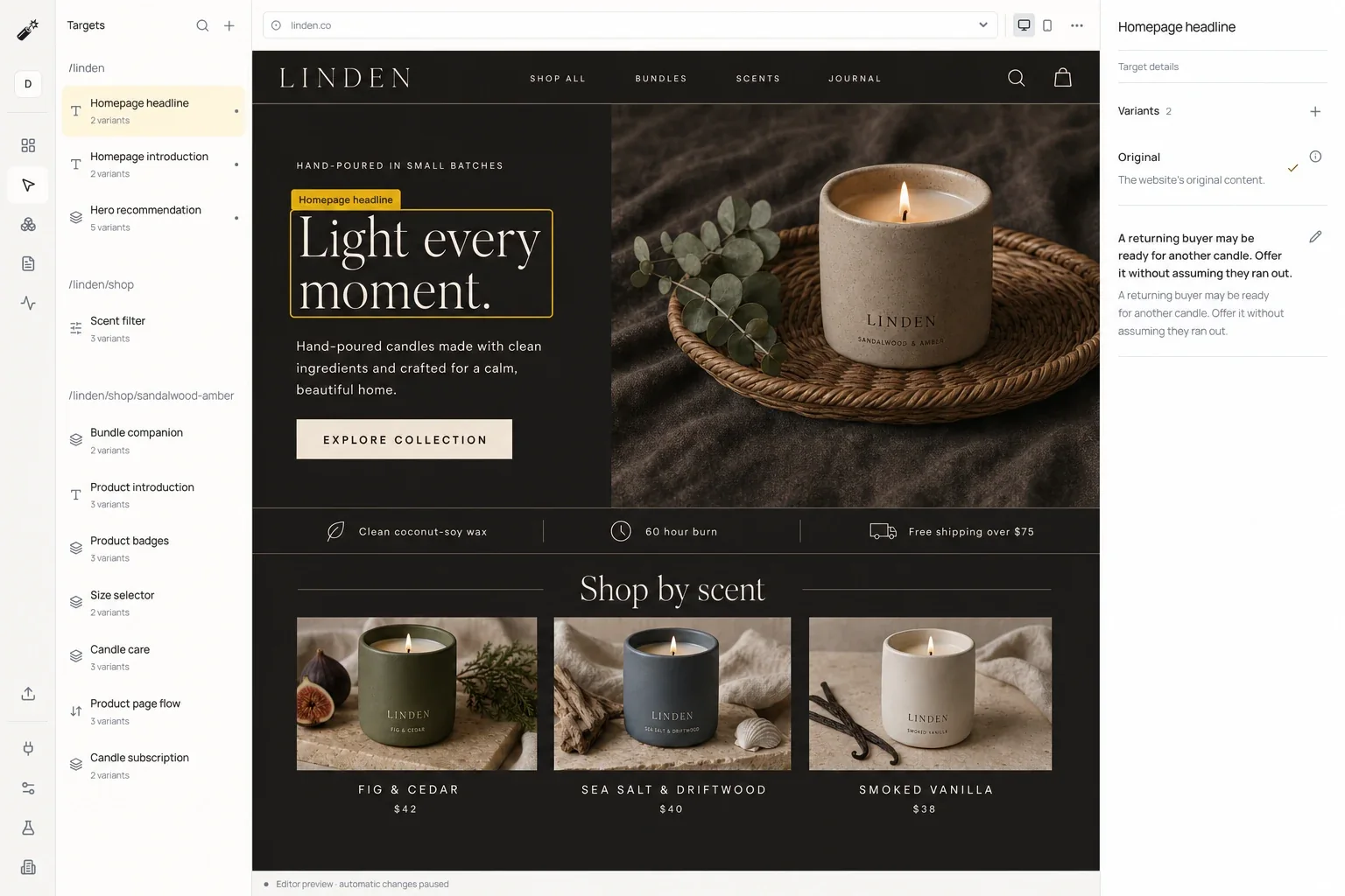 The ION editor: a Targets list grouped by page on the left, a live preview of the Linden homepage with the headline outlined as the selected target, and a Variants panel on the right with the original and a returning-buyer variant.